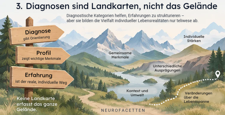 Illustrative Infografik mit Berglandschaft und Wegweisern. Die Schilder „Diagnose“, „Profil“ und „Erfahrung“ stehen für unterschiedliche Ebenen: Diagnose gibt Orientierung, Profil zeigt wichtige Merkmale, Erfahrung ist der reale individuelle Weg. In der Landschaft sind gemeinsame Merkmale, unterschiedliche Ausprägungen, Kontext und Umwelt, individuelle Stärken und Veränderungen über die Lebensspanne markiert. Kernaussage: Diagnostische Kategorien strukturieren Erfahrungen, erfassen aber nicht die gesamte individuelle Lebensrealität.