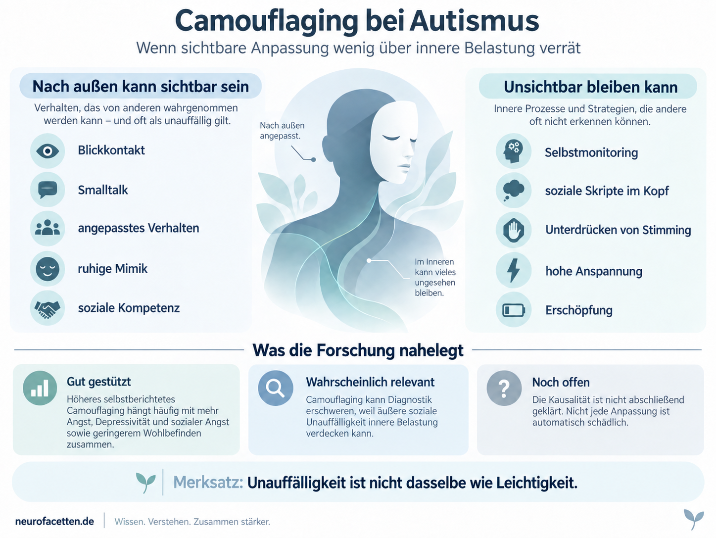 Infografik zu Camouflaging bei Autismus. Links stehen nach außen sichtbare Verhaltensweisen wie Blickkontakt, Smalltalk, angepasstes Verhalten, ruhige Mimik und soziale Kompetenz. Rechts stehen mögliche unsichtbare Prozesse wie Selbstmonitoring, soziale Skripte im Kopf, Unterdrücken von Stimming, hohe Anspannung und Erschöpfung. Darunter wird eingeordnet, dass höheres selbstberichtetes Camouflaging mit mehr Angst, Depressivität und sozialer Angst sowie geringerem Wohlbefinden zusammenhängt, dass Camouflaging Diagnostik erschweren kann und dass Kausalität noch nicht abschließend geklärt ist. Merksatz: Unauffälligkeit ist nicht dasselbe wie Leichtigkeit.
