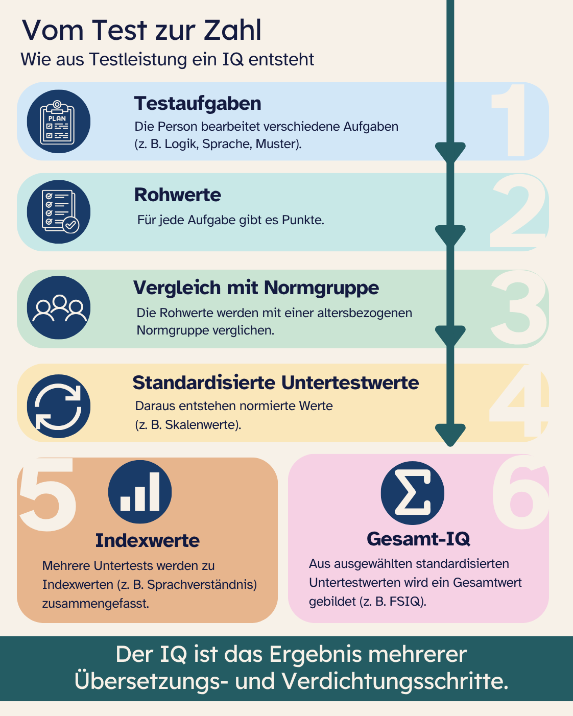 Infografik „Vom Test zur Zahl“. Sechs Schritte zeigen den Weg von Testaufgaben über Rohwerte und den Vergleich mit einer altersbezogenen Normgruppe zu standardisierten Untertestwerten. Aus diesen entstehen einerseits Indexwerte, andererseits wird aus ausgewählten standardisierten Untertestwerten ein Gesamt-IQ wie der FSIQ gebildet. Kernaussage: Der IQ ist das Ergebnis mehrerer Übersetzungs- und Verdichtungsschritte.