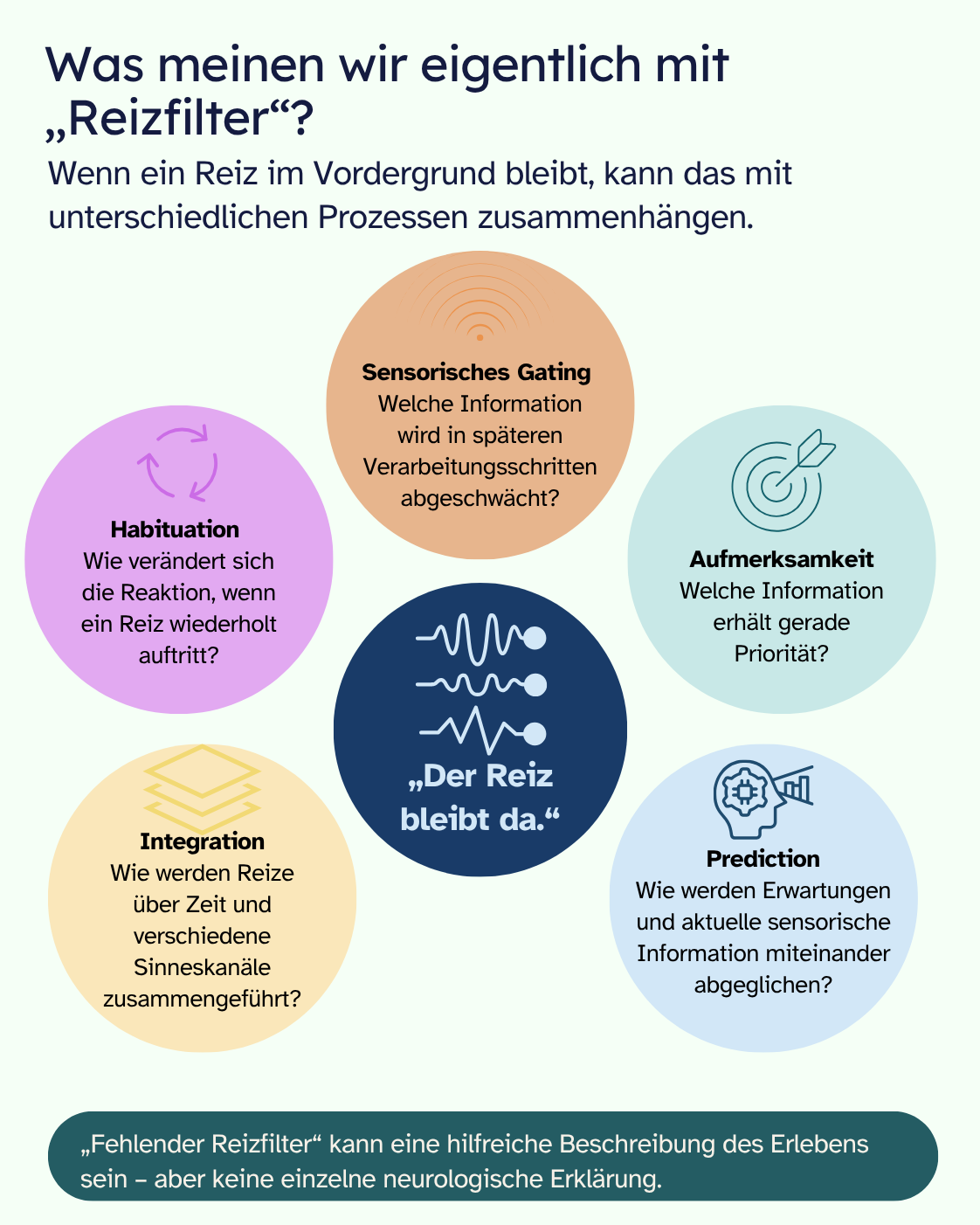 Infografik „Was meinen wir eigentlich mit Reizfilter?“. Im Zentrum steht „Der Reiz bleibt da“. Darum sind fünf mögliche Prozesse angeordnet: sensorisches Gating, Habituation, Aufmerksamkeit, Integration und Prediction. Kernaussage: Diese Prozesse können zusammenwirken, sind aber nicht dasselbe. „Fehlender Reizfilter“ kann eine hilfreiche Beschreibung des Erlebens sein, ist aber keine einzelne neurologische Erklärung.