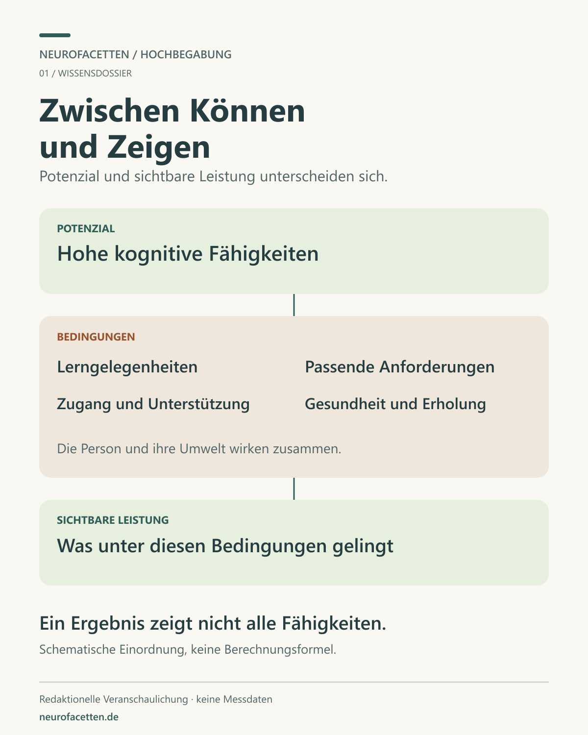 Drei Ebenen: hohes kognitives Potenzial, Bedingungen des Lernens und Handelns sowie sichtbare Leistung. Als Bedingungen werden Lerngelegenheiten, Anforderungen, Zugang und Unterstützung sowie Gesundheit und Erholung genannt. Ein Ergebnis beschreibt die Fähigkeiten einer Person nicht vollständig.